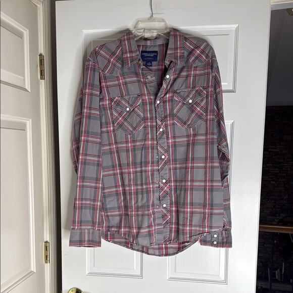 American Eagle Outfitters Red and Gray Plaid Shirt. Western. Pearl snap. Large - Picture 1 of 4